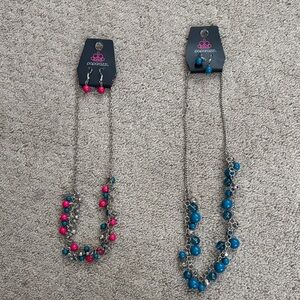 Paparazzi Silver and Blue Necklace Set with Pink Accents